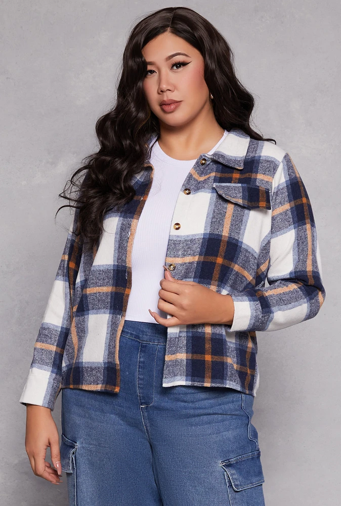 Womens Plus Plaid Flap Detail Flannel Shacket,