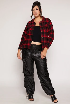 Womens Plus Size Plaid Flap Detail Flannel Shacket, Red, Size 2X