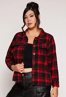 Womens Plus Size Plaid Flap Detail Flannel Shacket, Red, Size 2X