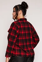 Womens Plus Size Plaid Flap Detail Flannel Shacket, Red, Size 2X