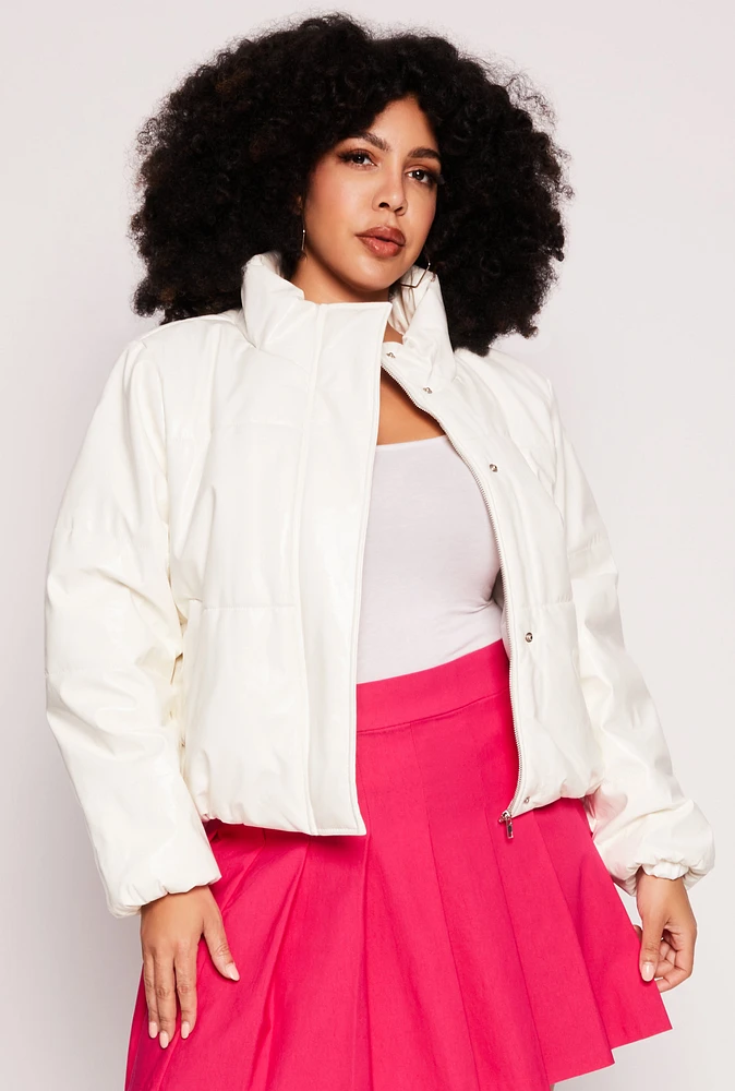 Womens Plus Size Faux Patent Leather Puffer Jacket, White, Size 3X