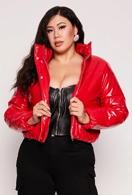 Womens Plus Faux Patent Leather Puffer Jacket,