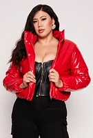 Womens Plus Faux Patent Leather Puffer Jacket,