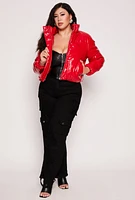 Womens Plus Faux Patent Leather Puffer Jacket,