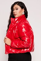 Womens Plus Faux Patent Leather Puffer Jacket,