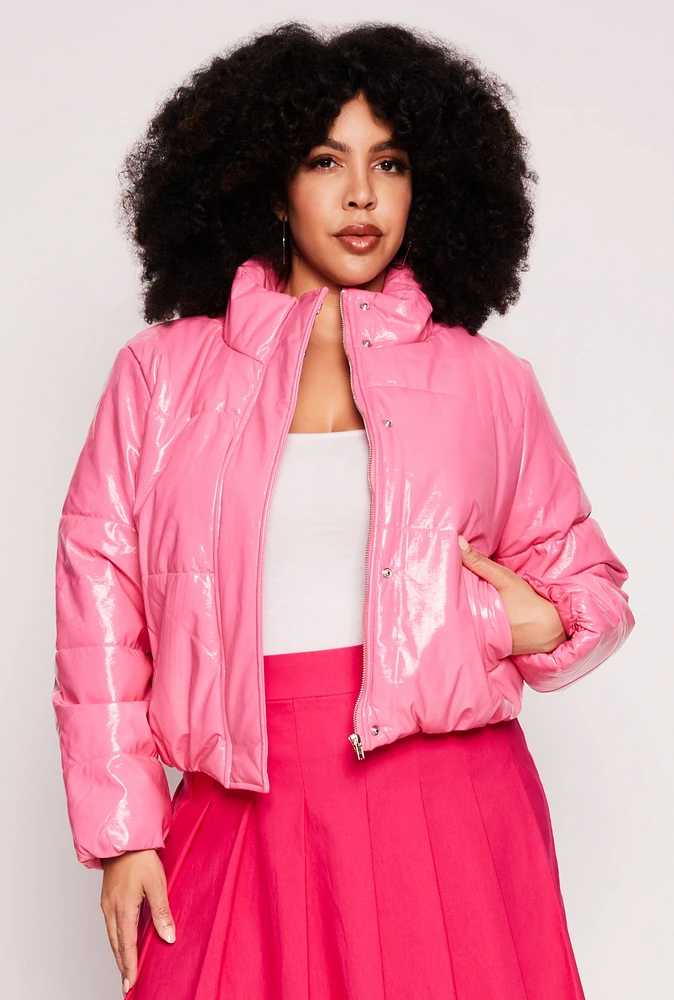 Womens Plus Faux Patent Leather Puffer Jacket,
