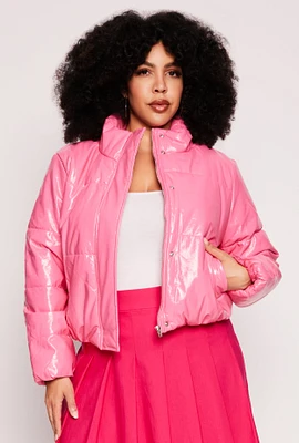 Womens Plus Faux Patent Leather Puffer Jacket,
