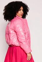 Womens Plus Faux Patent Leather Puffer Jacket,