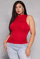 Womens Plus Size Rhinestone Studded Mock Neck Top, Red, Size 1X-2X