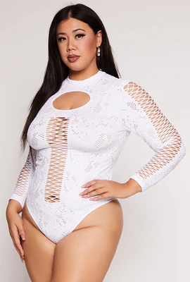 Womens Plus Size Keyhole Fishnet Detail Long Sleeve Bodysuit, White, Size 2X-3X