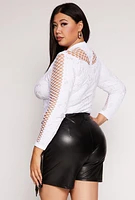 Womens Plus Size Keyhole Fishnet Detail Long Sleeve Bodysuit, White, Size 2X-3X