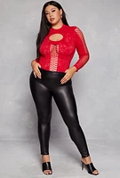 Womens Plus Keyhole Fishnet Detail Long Sleeve Bodysuit,