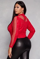 Womens Plus Keyhole Fishnet Detail Long Sleeve Bodysuit,