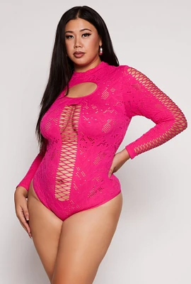 Womens Plus Size Keyhole Fishnet Detail Long Sleeve Bodysuit, Pink, Size 2X-3X