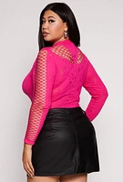 Womens Plus Size Keyhole Fishnet Detail Long Sleeve Bodysuit, Pink, Size 2X-3X