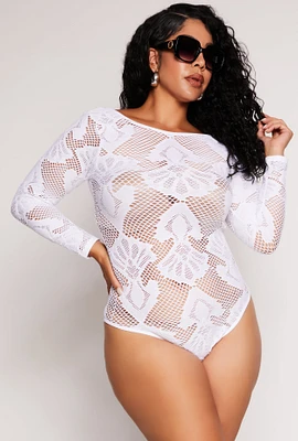 Womens Plus Size Seamless Lace Long Sleeve Bodysuit, White, Size 1X-2X
