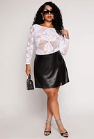 Womens Plus Size Seamless Lace Long Sleeve Bodysuit, White, Size 1X-2X