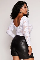Womens Plus Size Seamless Lace Long Sleeve Bodysuit, White, Size 1X-2X