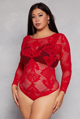 Womens Plus Size Seamless Lace Long Sleeve Bodysuit, Red, Size 1X-2X