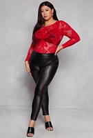 Womens Plus Size Seamless Lace Long Sleeve Bodysuit, Red, Size 1X-2X