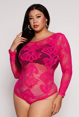 Womens Plus Size Seamless Lace Long Sleeve Bodysuit, Pink, Size 2X-3X