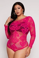 Womens Plus Size Seamless Lace Long Sleeve Bodysuit, Pink, Size 2X-3X