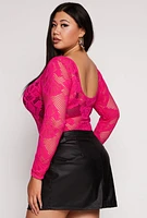 Womens Plus Size Seamless Lace Long Sleeve Bodysuit, Pink, Size 2X-3X