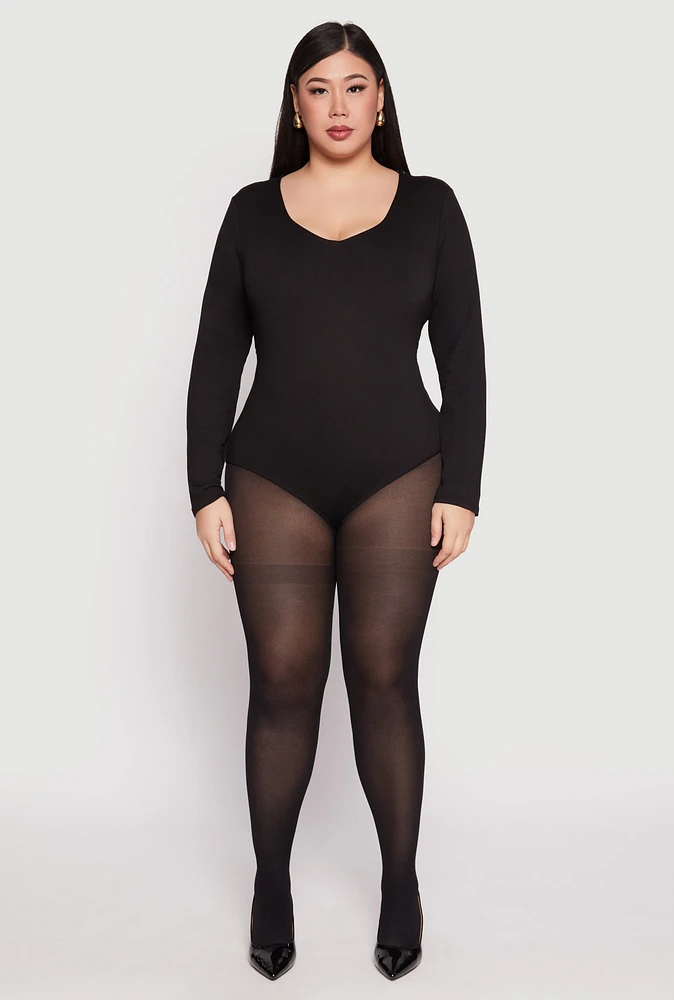 Womens Plus Long Sleeve V Neck Bodysuit,