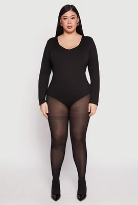 Womens Plus Size Long Sleeve V Neck Bodysuit, Black, Size 2X