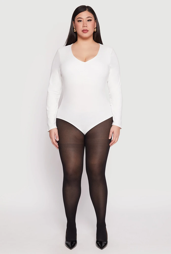 Womens Plus Size Long Sleeve V Neck Bodysuit, White, Size 2X