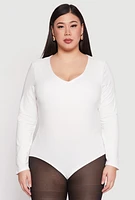 Womens Plus Size Long Sleeve V Neck Bodysuit, White, Size 1X