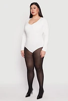 Womens Plus Size Long Sleeve V Neck Bodysuit, White, Size 2X