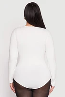 Womens Plus Size Long Sleeve V Neck Bodysuit, White, Size 2X