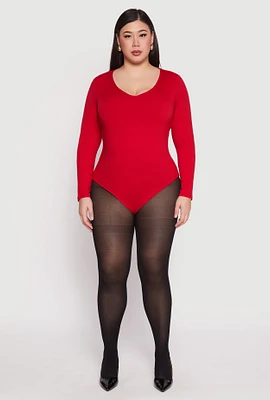 Womens Plus Size Long Sleeve V Neck Bodysuit, Red, Size 2X
