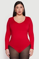Womens Plus Size Long Sleeve V Neck Bodysuit, Red, Size 2X
