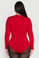 Womens Plus Size Long Sleeve V Neck Bodysuit, Red, Size 2X