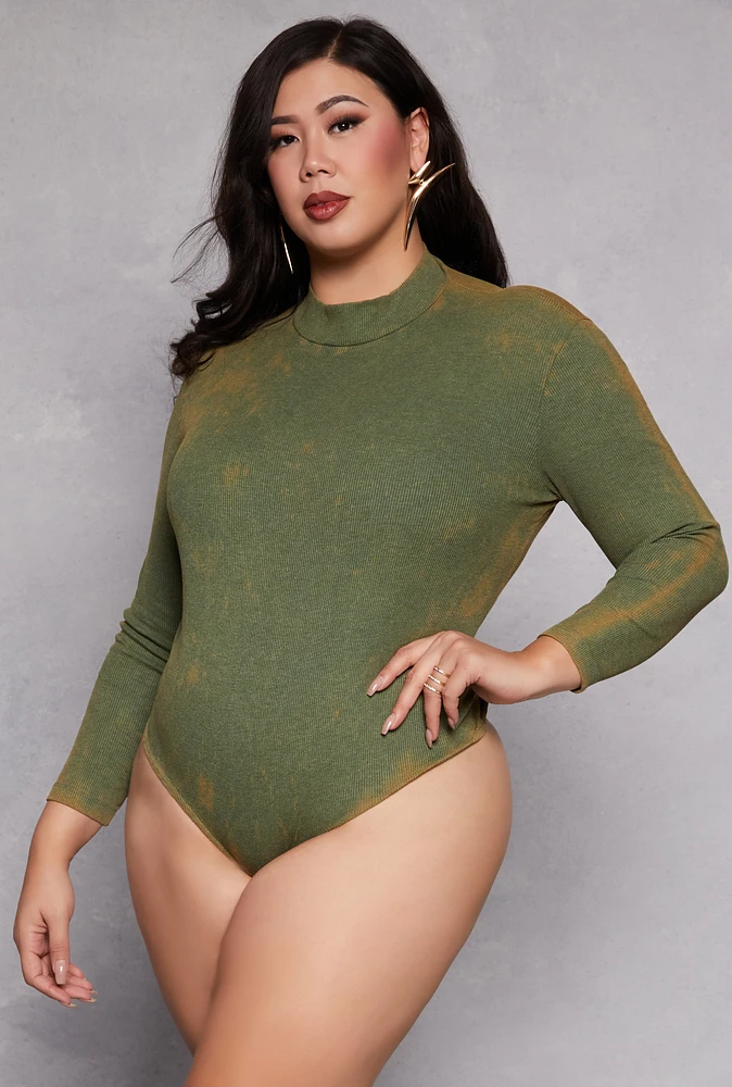 Womens Plus Size Acid Wash Bodysuit, Green, Size 1X