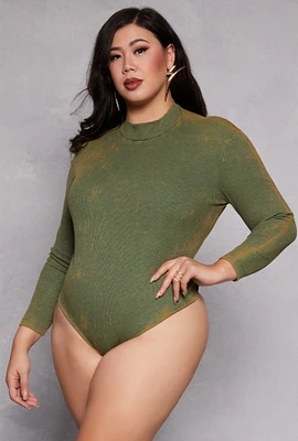 Womens Plus Size Acid Wash Bodysuit, Green, Size 1X