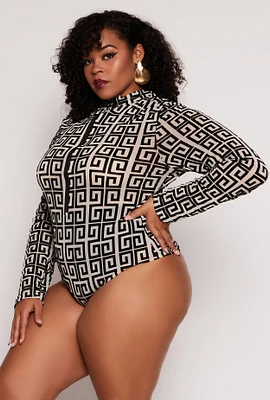 Womens Plus Geometric Print Half Zip Bodysuit, Multi,