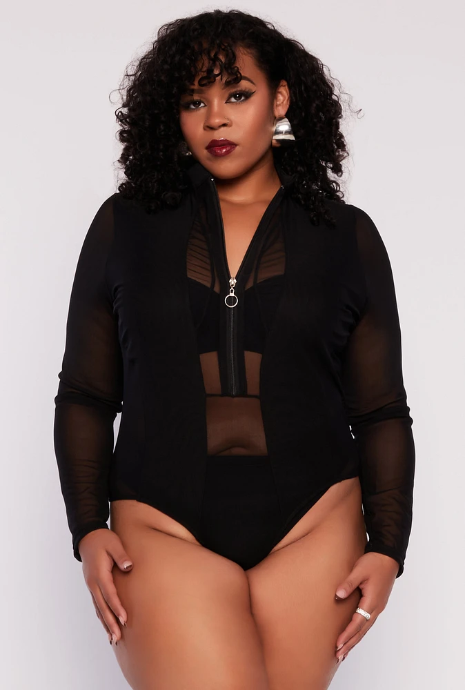 Womens Plus Size Mesh Half Zip Bodysuit, Black, Size 3X