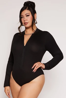 Womens Plus Size Zip Front Mock Neck Bodysuit, Black, Size 1X