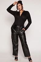 Womens Plus Size Zip Front Mock Neck Bodysuit, Black, Size 1X