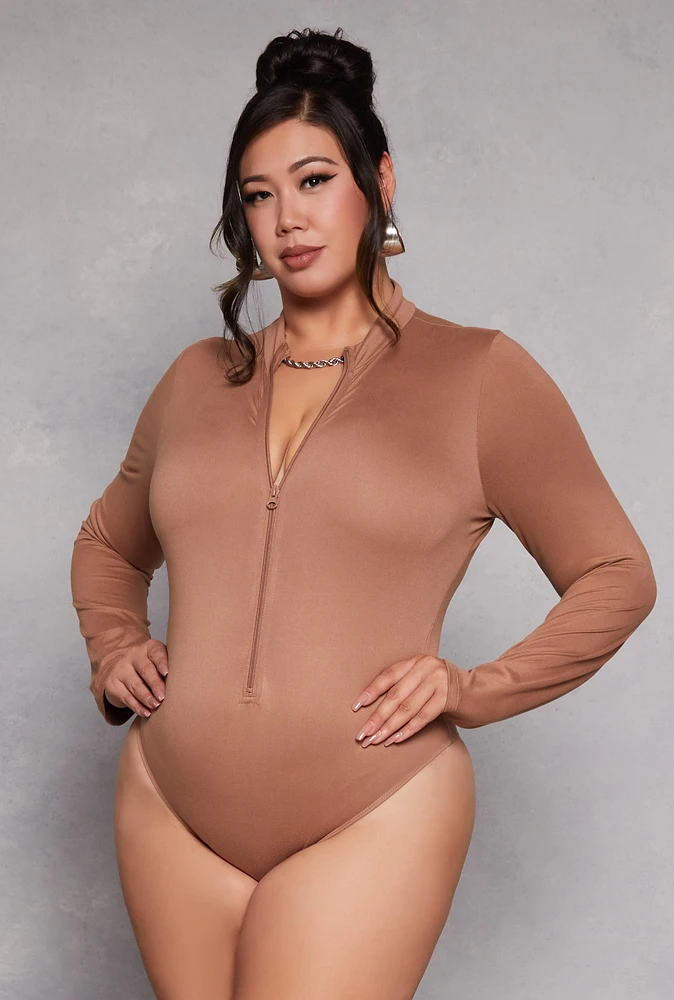 Womens Plus Size Zip Front Mock Neck Bodysuit, Brown, Size 2X