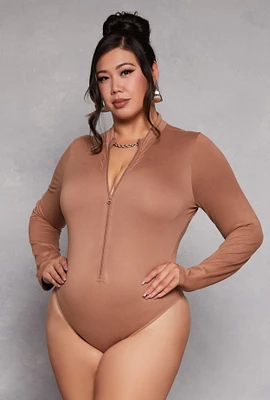Womens Plus Size Zip Front Mock Neck Bodysuit, Brown, Size 2X