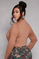 Womens Plus Size Zip Front Mock Neck Bodysuit, Brown, Size 2X