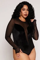 Womens Plus Size Velvet Plunge Mesh Bodysuit, Black, Size 2X