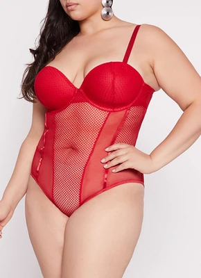 Womens Plus Size Patterned Lace Detail Bustier Bodysuit, Red, Size 1X