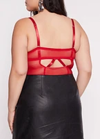 Womens Plus Size Patterned Lace Detail Bustier Bodysuit, Red, Size 1X