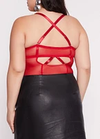 Womens Plus Size Patterned Lace Detail Bustier Bodysuit, Red, Size 1X