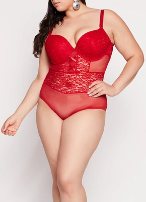 Womens Plus Size Mesh Lace Bustier Bodysuit, Red, Size 1X
